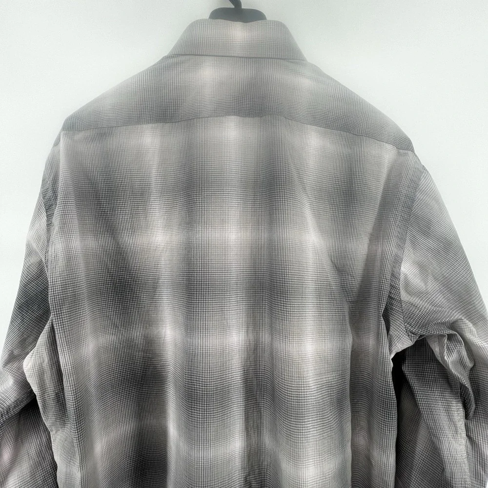 Thomas Dean Men's Shirt L Black Gray Gradient Plaid Long Sleeve Button Front‎